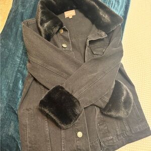 Show Me Your MuMu Black Denim Jacket with Faux Fur Trim